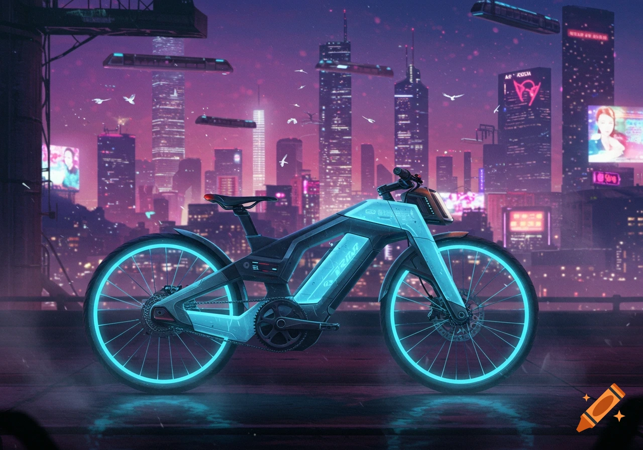 A sleek, glowing blue futuristic bicycle on a rooftop, overlooking a vibrant cyberpunk cityscape at night with neon lights and flying vehicles.
