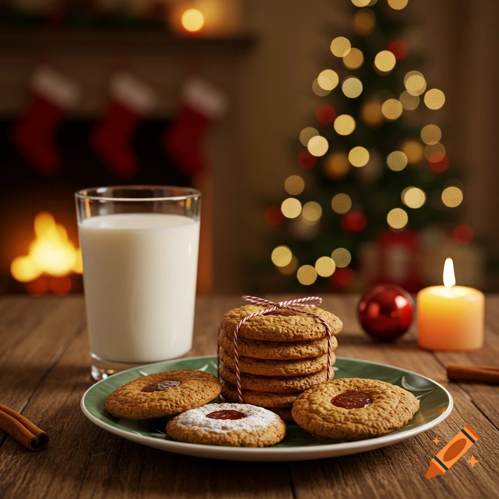 Photorealistic Christmas cookies on a plate with a glass of milk on a wooden table, fireplace and decorated Christmas tree in background.