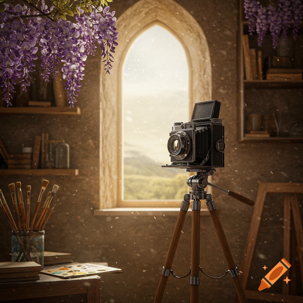 A vintage camera on a tripod in a rustic room with purple wisteria, bookshelves, and an arched window overlooking a landscape.