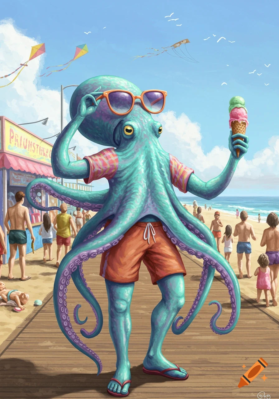 An anthropomorphic blue-green octopus wearing sunglasses, a shirt, shorts, and flip-flops, holding an ice cream cone on a sunny beach boardwalk.
