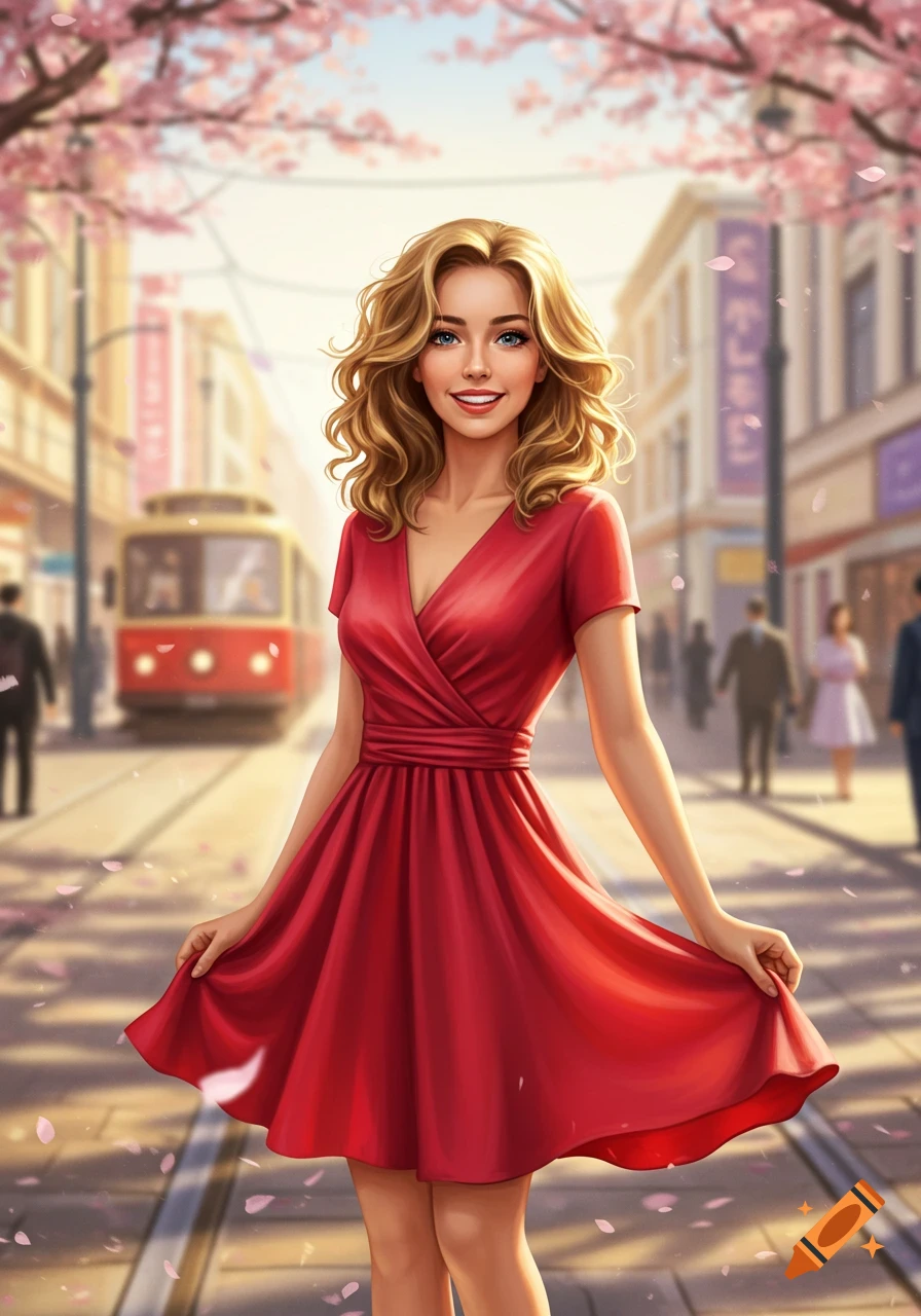 A smiling blonde woman in a red dress stands on a city street with a red tram and cherry blossoms, digital art.