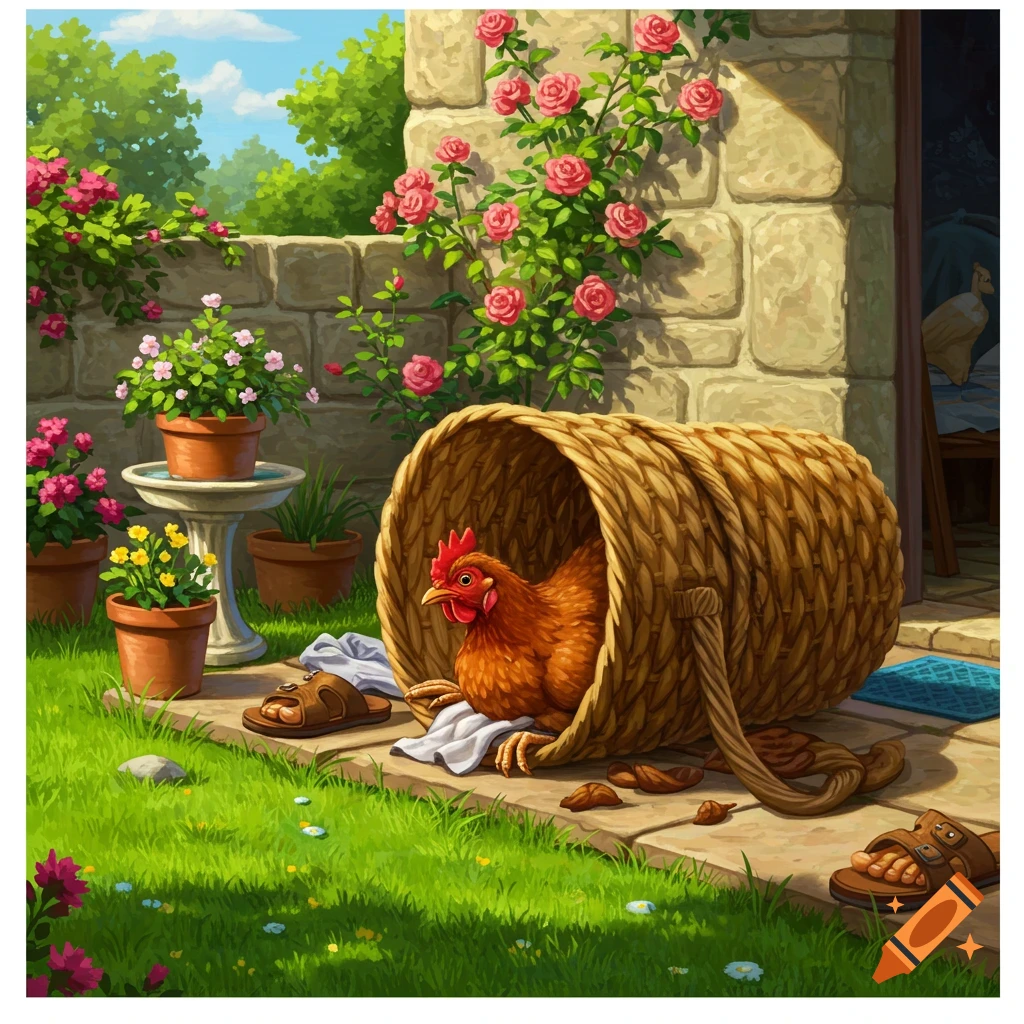 A brown chicken sits partially inside an overturned wicker basket on a stone path in a sunny garden with potted flowers and climbing roses on a stone wall.