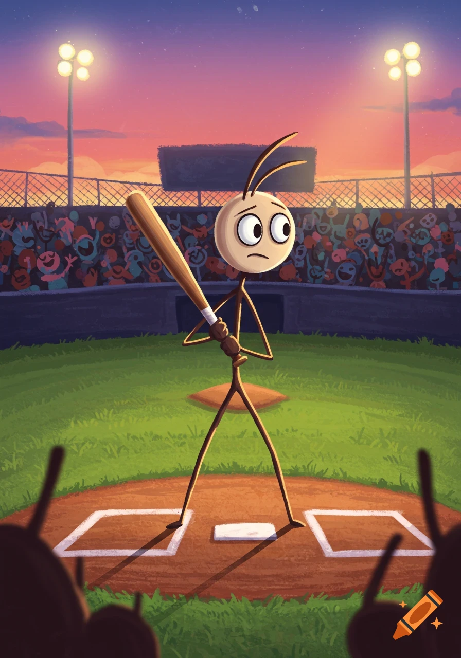 A cartoon stick figure with large eyes and antennae holds a baseball bat at home plate in a stadium with a cheering crowd at sunset.