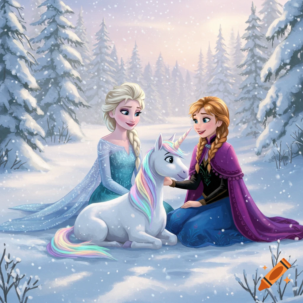 Animated Elsa and Anna sit in a snowy forest, petting a rainbow-maned unicorn as snow falls.