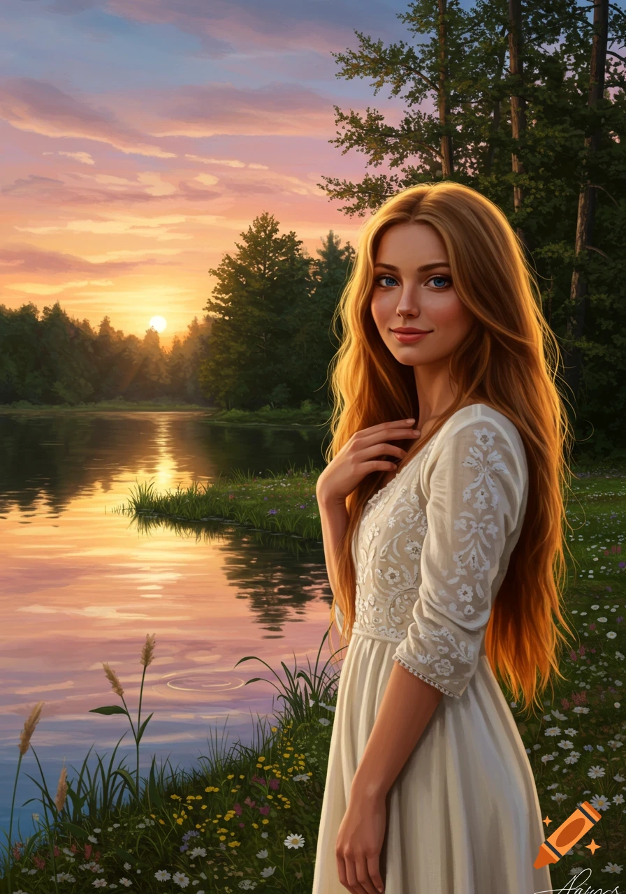 A young woman with long auburn hair in a white dress stands by a serene lake at sunset, surrounded by trees and wildflowers.