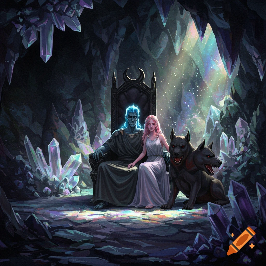 Hades and Persephone on a throne in a luminous crystal cave, with Cerberus beside them, digital painting.