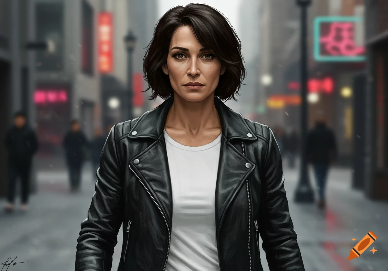 A dark-haired woman in a black leather jacket and white t-shirt looks directly at the viewer on a blurred city street.