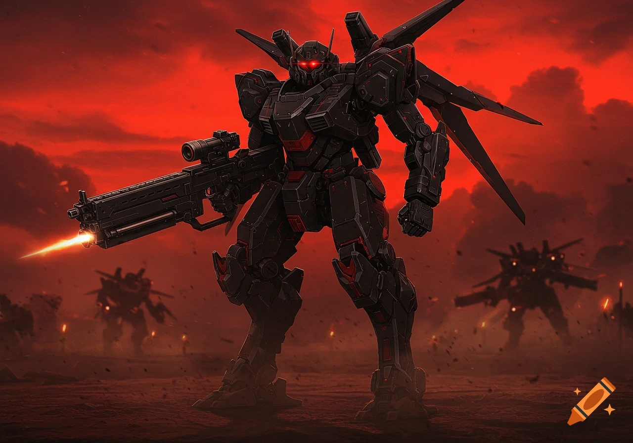 A dark, crimson, and black mech with glowing red eyes holds a firing rifle against a fiery red sky with other mechs in the background.