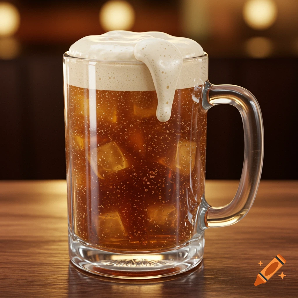 A close-up, photorealistic image of a mug filled with root beer, ice cubes, and a thick, frothy head of foam overflowing the rim, on a wooden table.