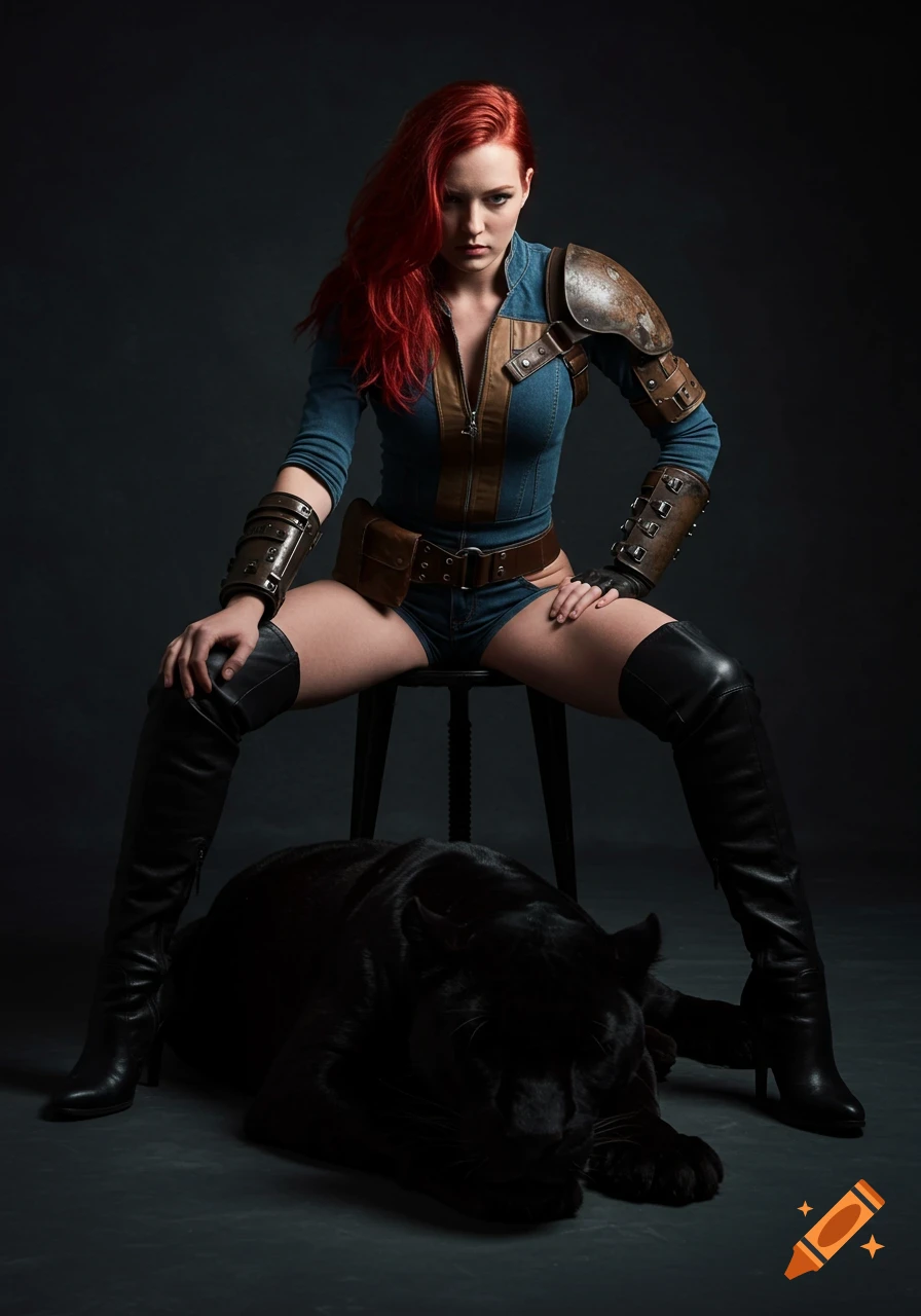 Red-haired woman in Fallout-style outfit and thigh-high boots sits on a stool, a black panther at her feet, in a dramatic studio portrait.