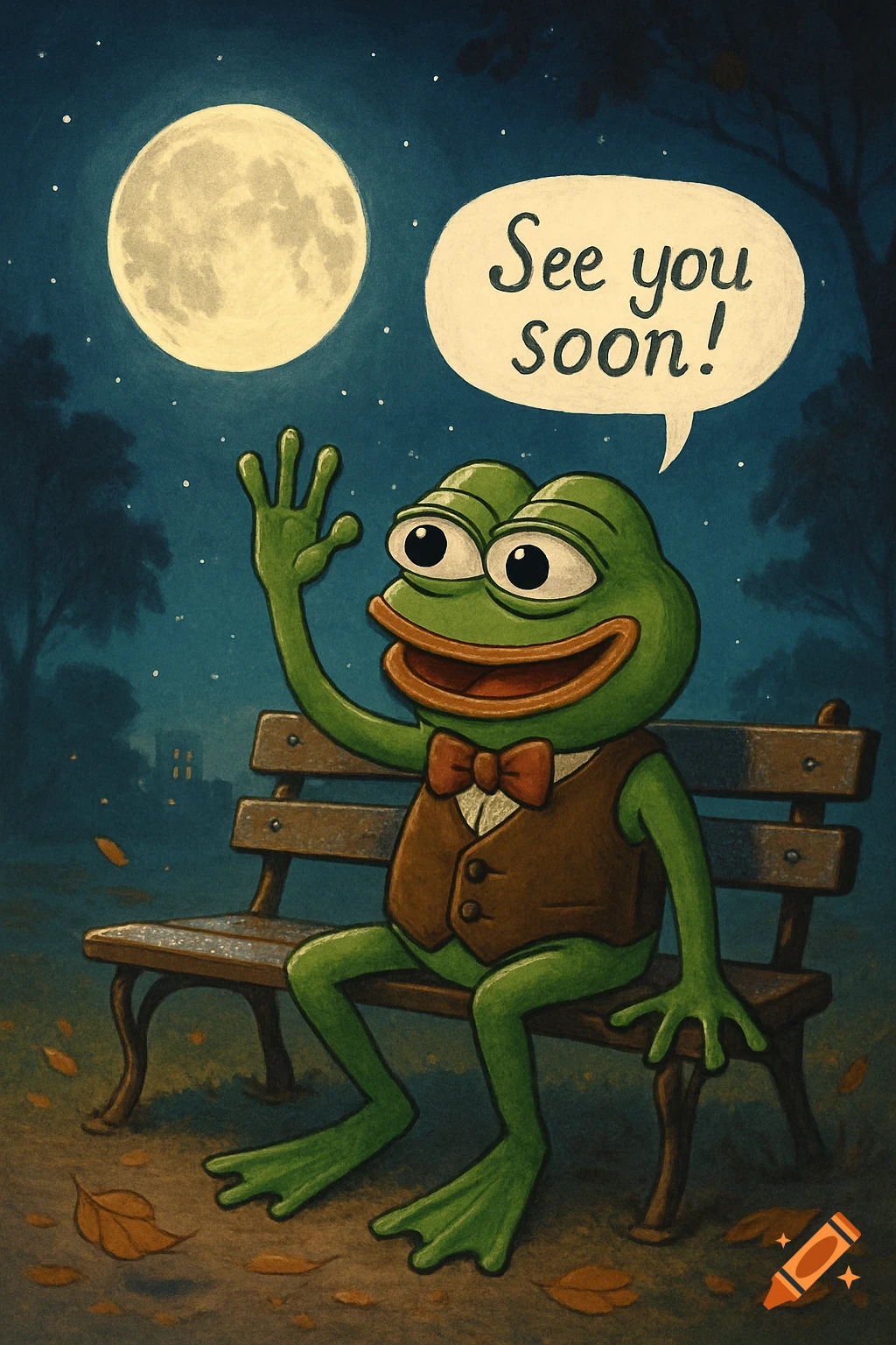 Cartoon Pepe the frog sits on a park bench at night, waving at a full moon, with a speech bubble saying "See you soon!".