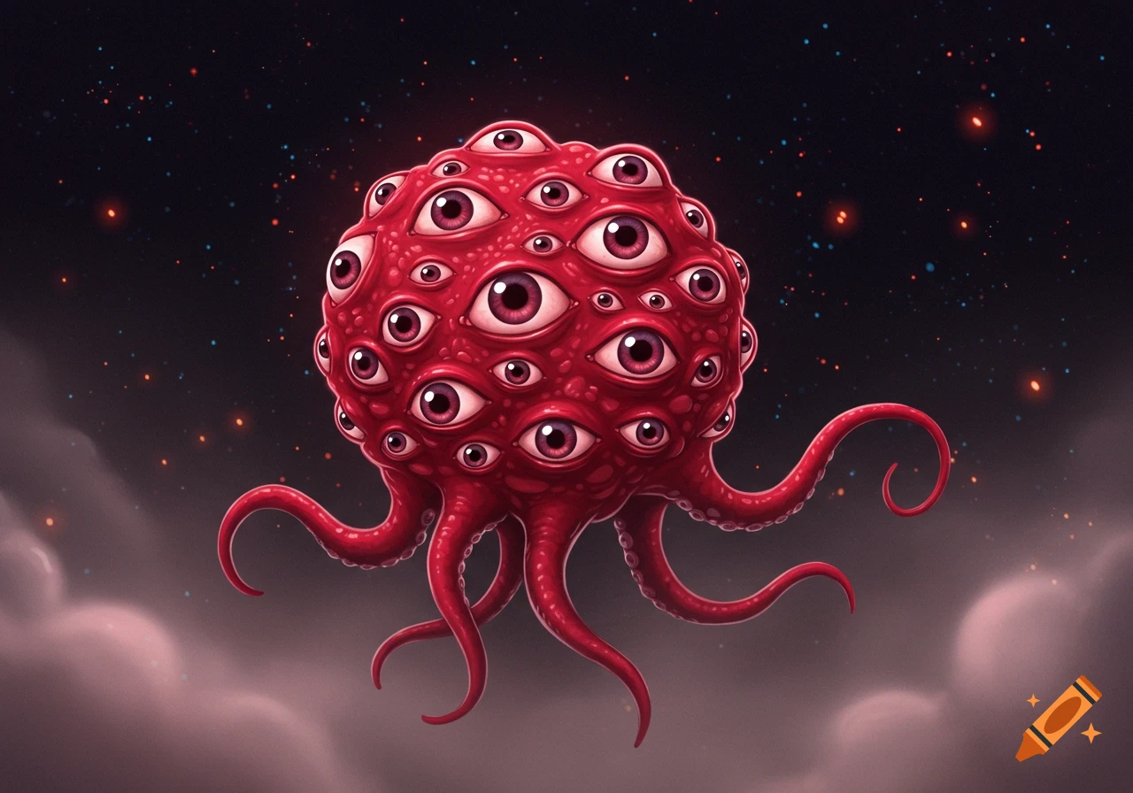 A red, spherical creature covered in numerous eyes and tentacles floats in a starry, cloudy cosmic void.