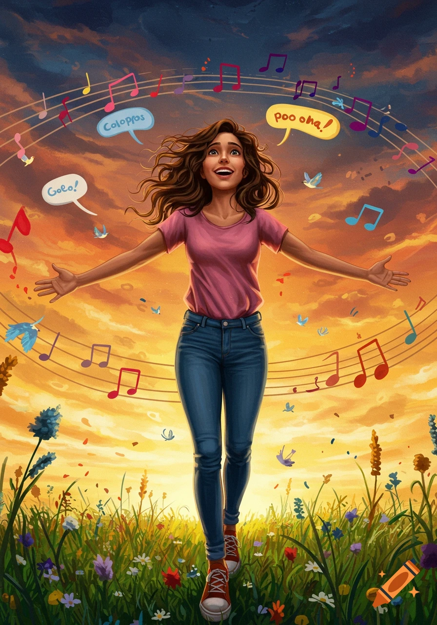 Illustration of a joyful woman in pink shirt and jeans walking through wildflowers at sunset, with musical notes and speech bubbles.