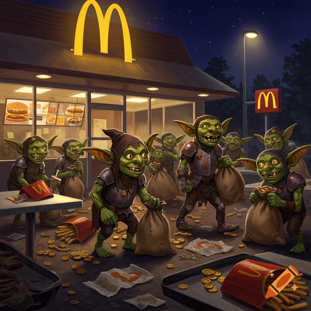 An illustration depicts a horde of mischievous goblins raiding a McDonald's at night, carrying off bags of gold coins and French fries.