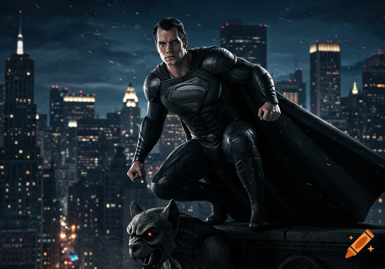 Photorealistic Superman in a black suit crouches on a gargoyle overlooking a dark, snowy Gotham city skyline at night.