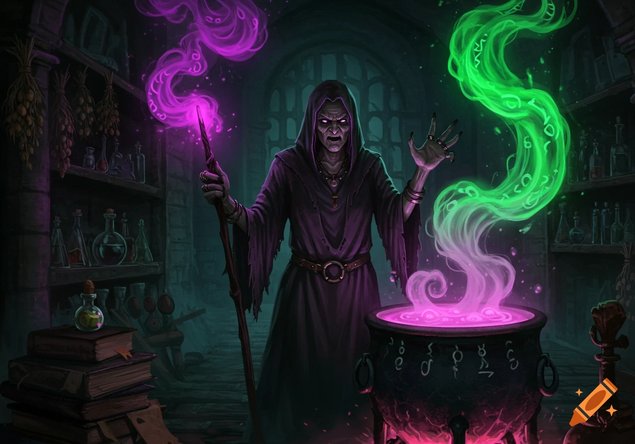 An evil witch with glowing purple eyes and gnarled hands stands in a dark dungeon, conjuring green and purple magic from a cauldron and staff.
