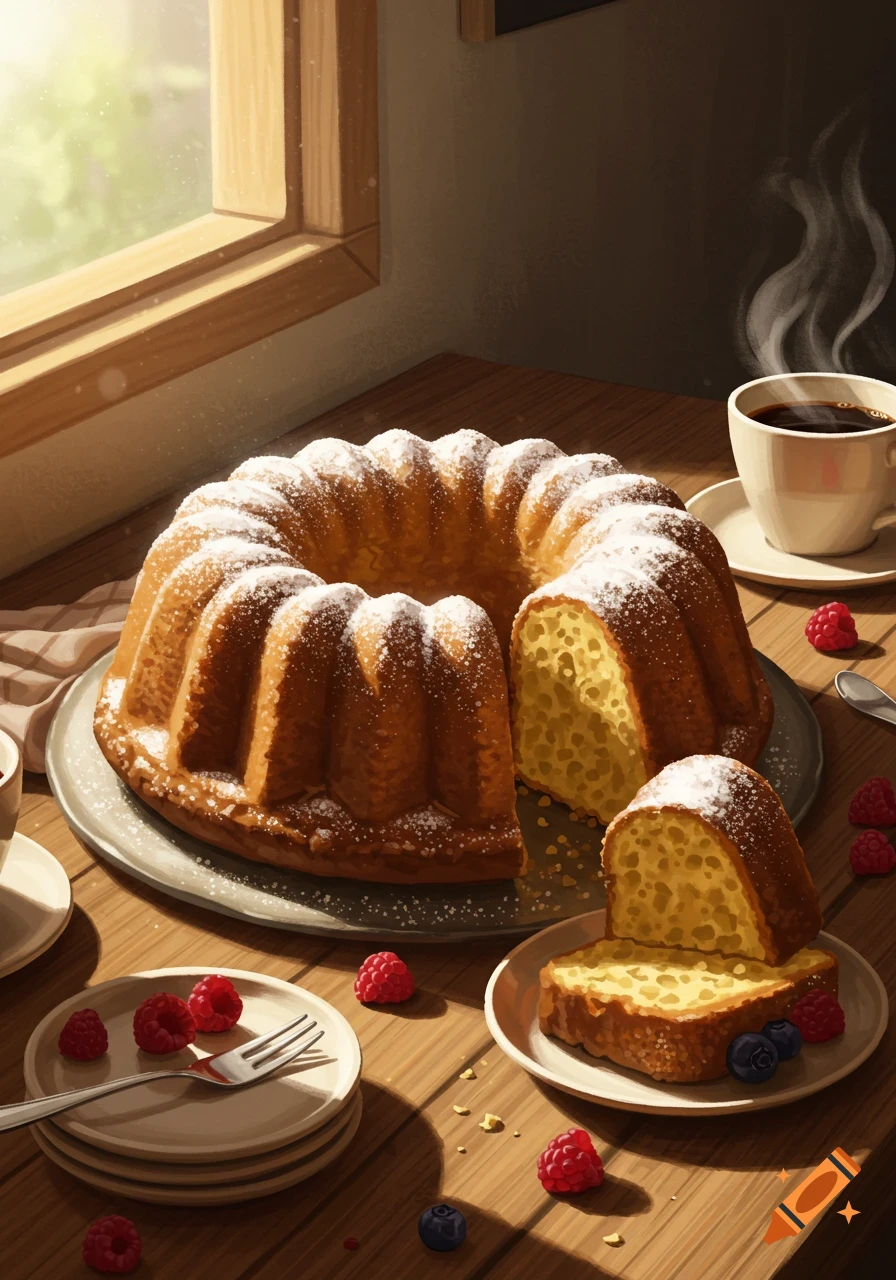 A sliced bundt cake covered in powdered sugar, with raspberries, blueberries, and a cup of coffee on a wooden table near a window.