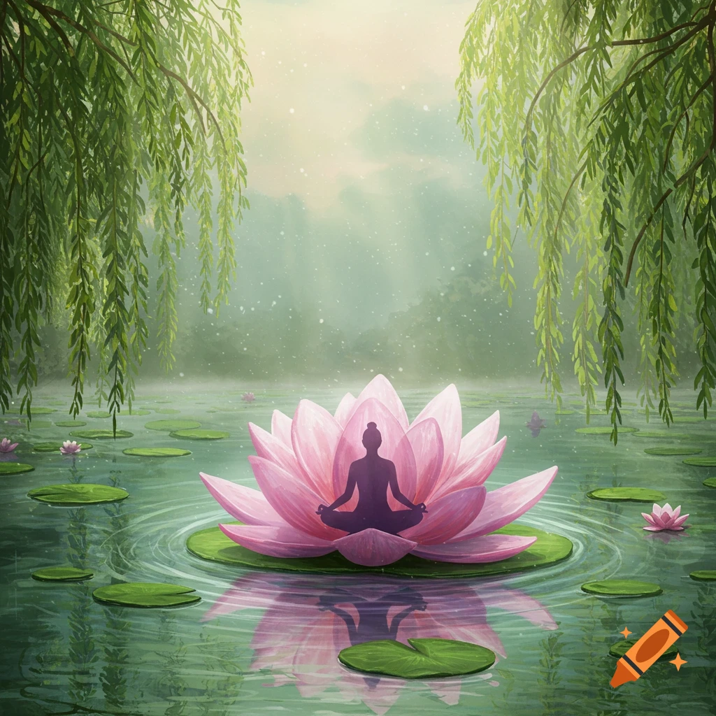 A silhouette meditating in a lotus pose on a large pink lotus flower floating on tranquil water with weeping willows.