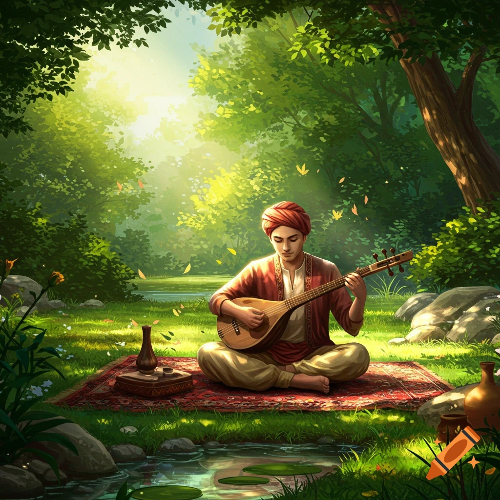 A man in a red turban and traditional clothes sits on a patterned rug, playing a stringed instrument in a lush, sunlit forest.
