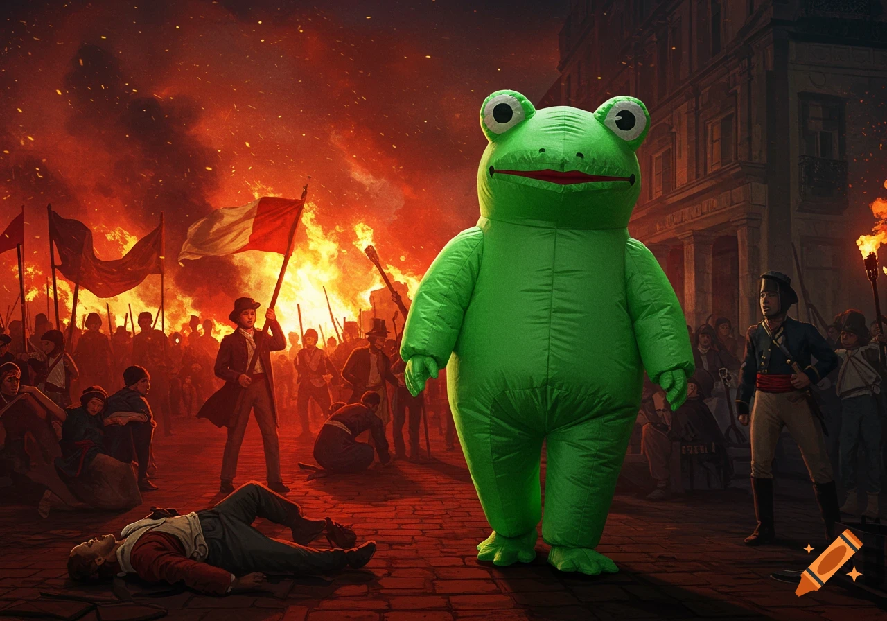 A giant green inflatable frog suit stands in a dramatic, fiery historical protest scene with crowds and a fallen person.