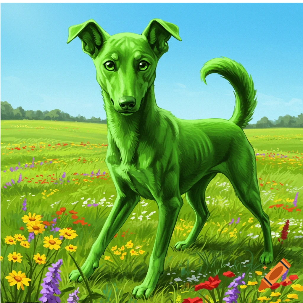 A bright green dog stands in a vibrant field of yellow, red, and purple wildflowers under a clear blue sky, depicted in an illustrative style.
