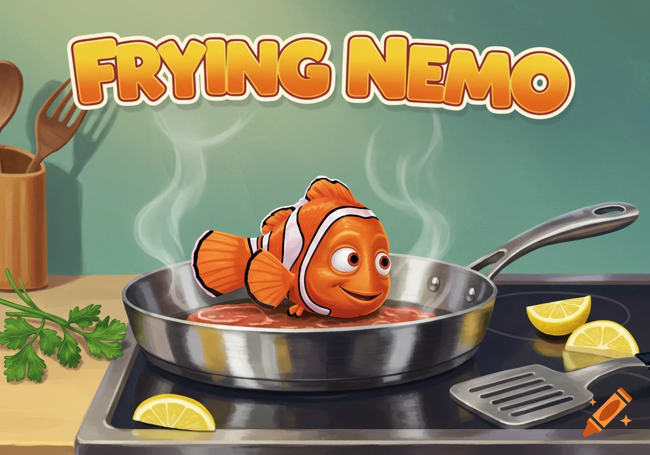Cartoon Nemo from Finding Nemo smiling in a frying pan on a stove with lemons and parsley, under a title 'FRYING NEMO'.