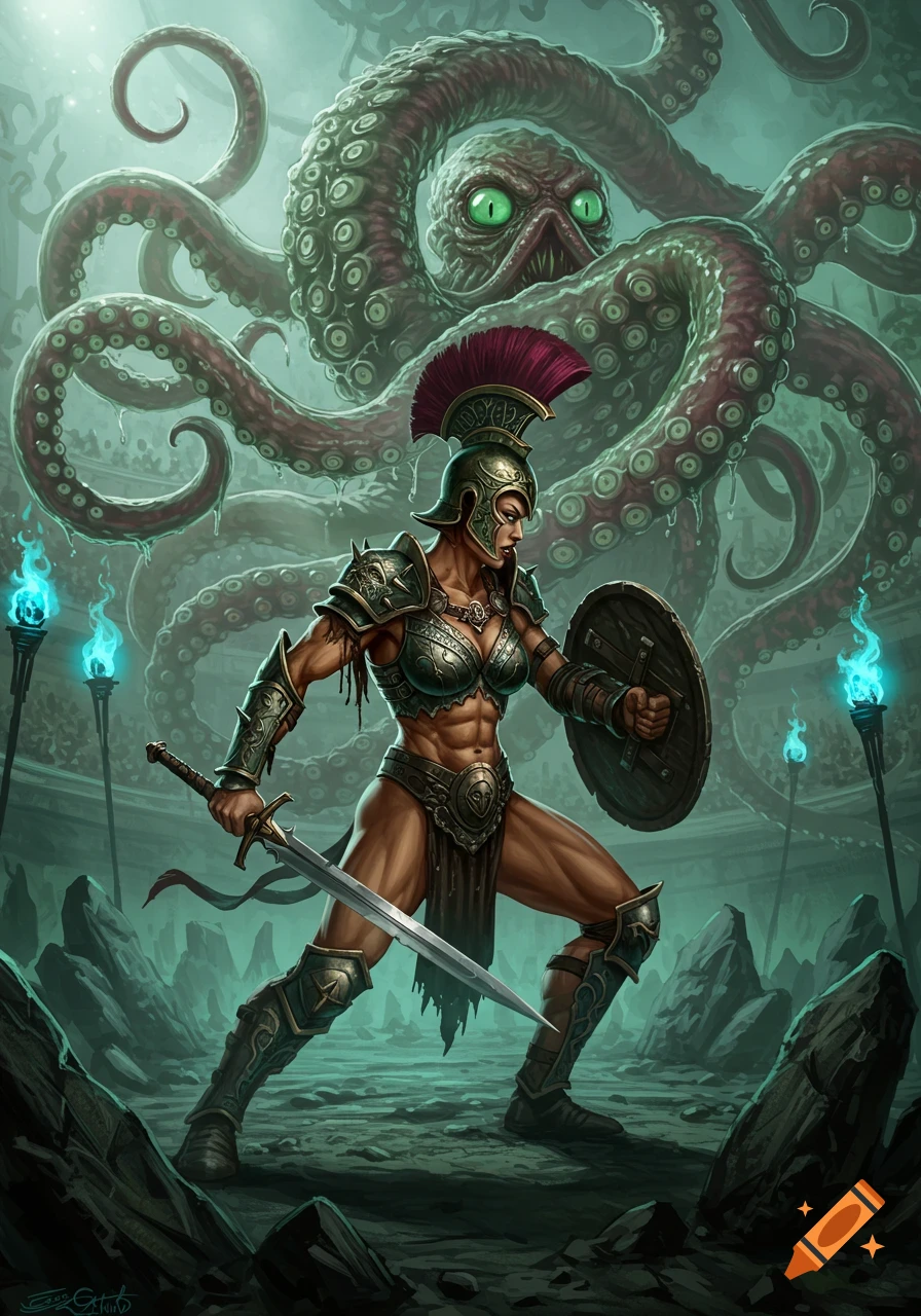 Muscular gladiatrix in armor with sword and shield confronts a giant tentacle monster in a dark arena, fantasy art.