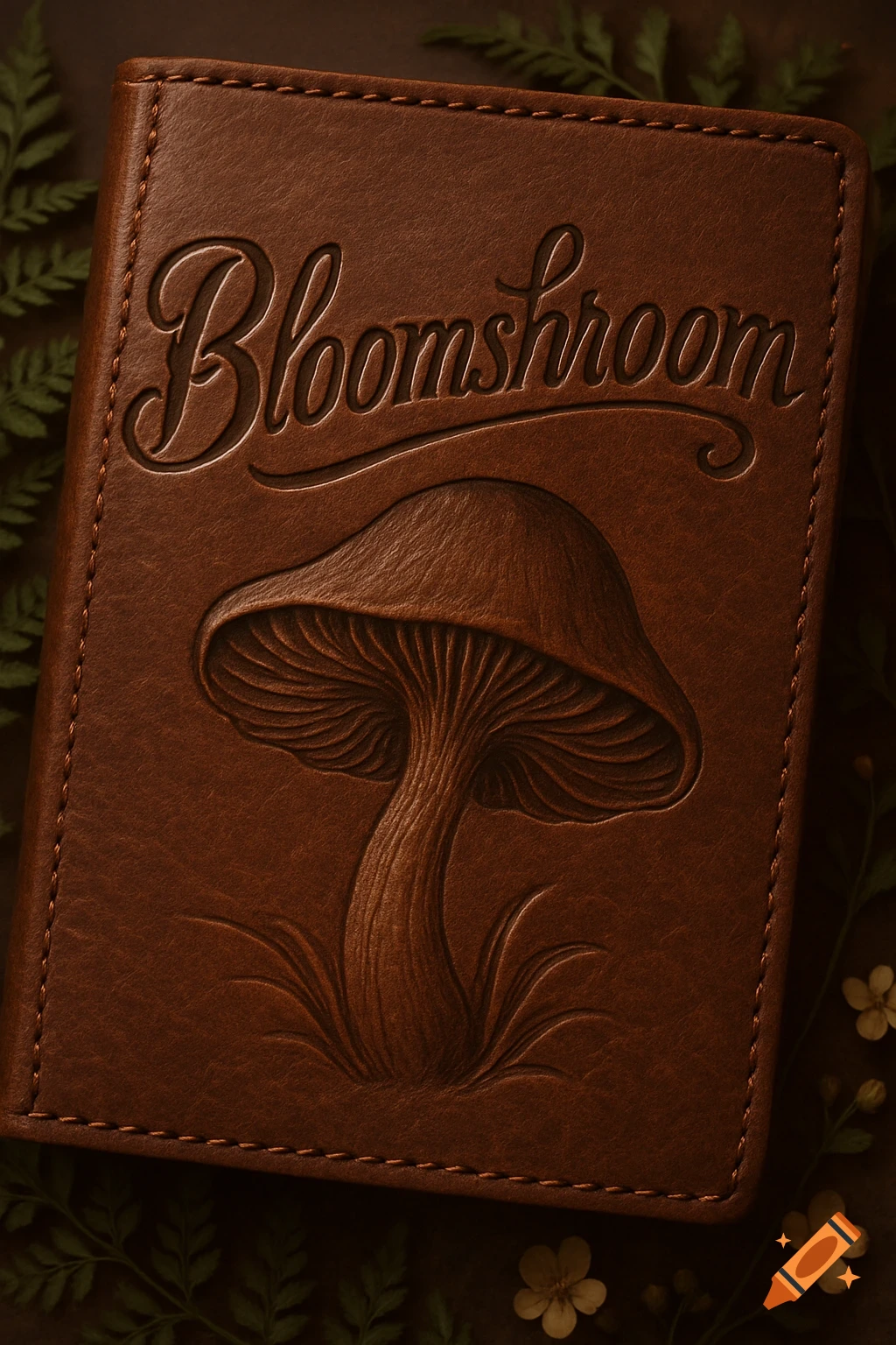 A close-up of a brown leather journal cover with "Bloomshroom" and a mushroom embossed on it, surrounded by ferns.