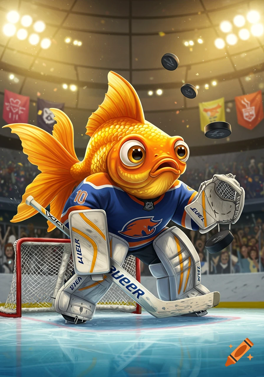 A cartoon goldfish, wearing a blue hockey jersey and goalie pads, stands on ice in a brightly lit arena, ready to block flying pucks.