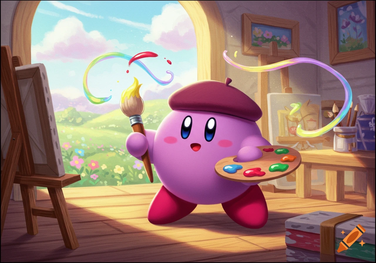Kirby wearing a beret holds a paintbrush and palette, creating colorful art in a sunlit studio overlooking a flowery landscape.