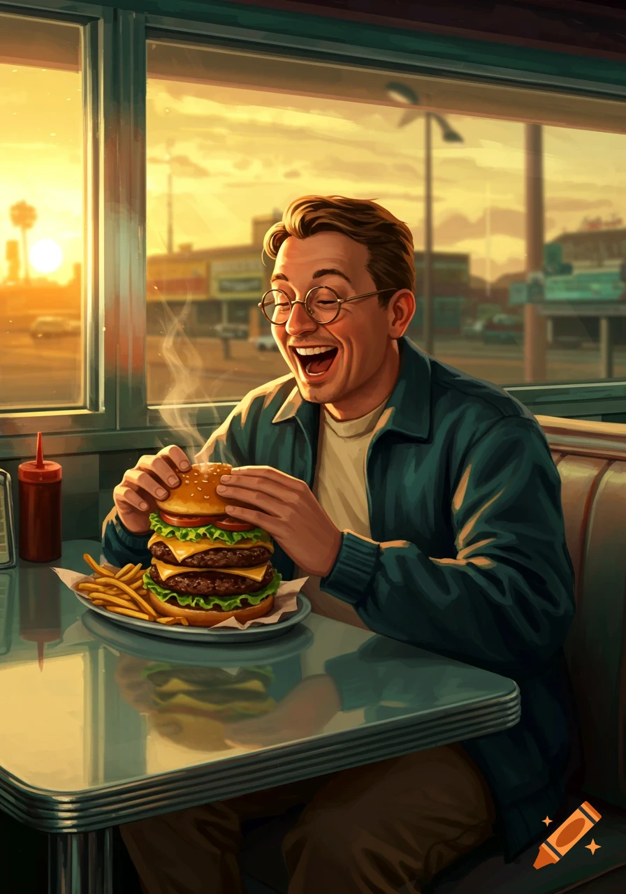 A man in glasses happily eats a large burger with fries in a retro diner, with a golden sunset visible outside.