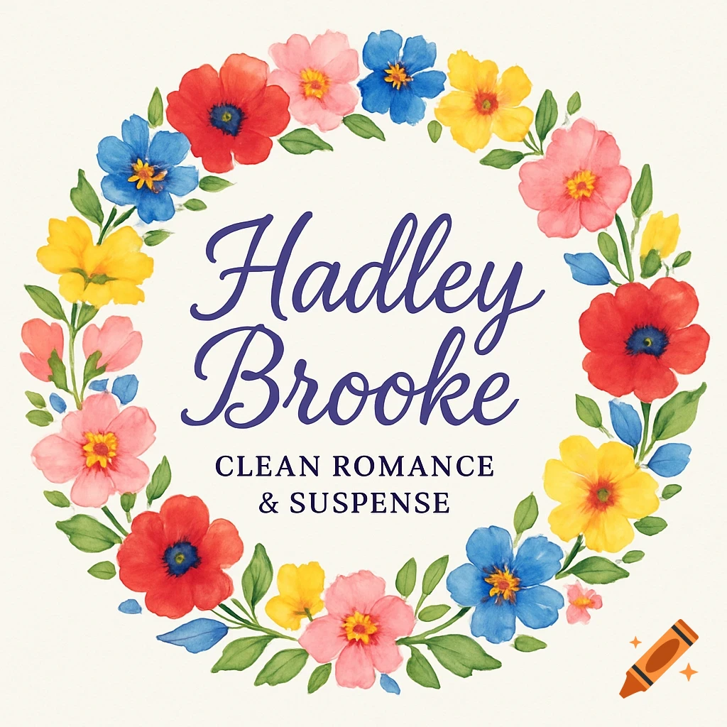 A colorful watercolor floral wreath logo with the text 'Hadley Brooke Clean Romance & Suspense' in purple in the center.