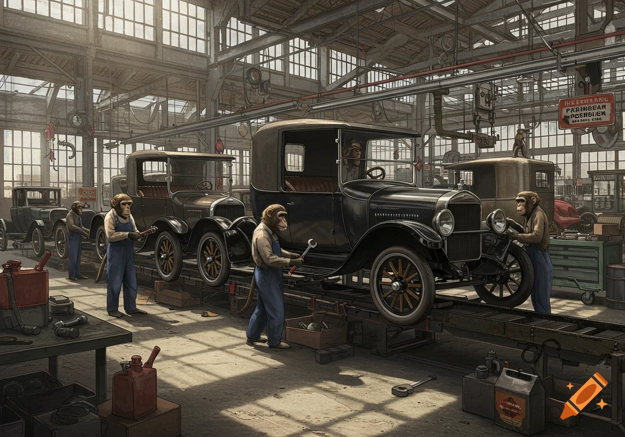 Anthropomorphic monkeys in a detailed 1920s factory assemble vintage Ford Model T cars on an assembly line.