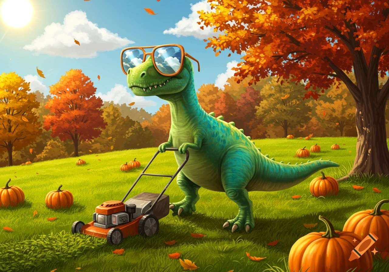 A cartoon green T-Rex in orange sunglasses mows a pumpkin-strewn autumn lawn with colorful trees under a sunny sky.