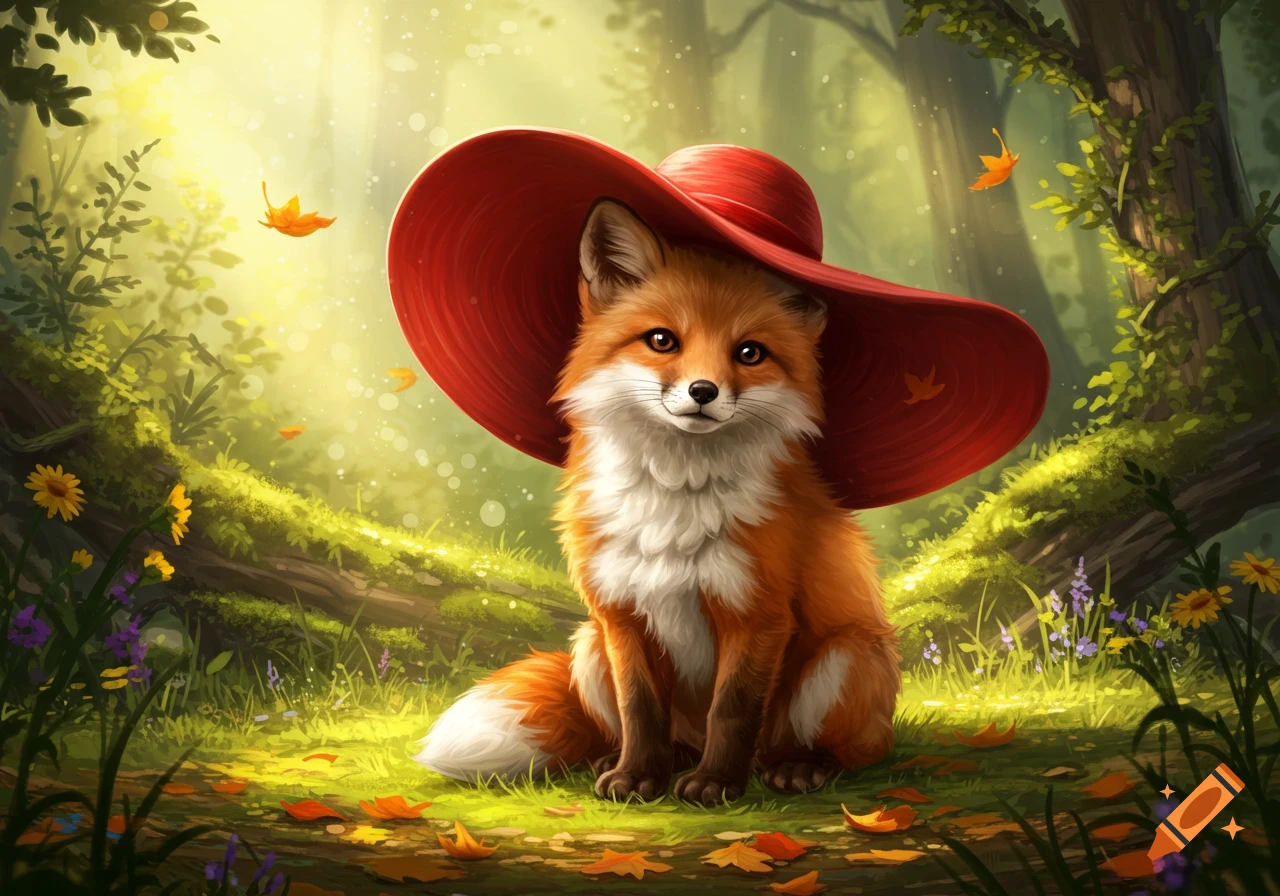 A cute orange and white fox wearing a large red hat sits in a sunlit forest with autumn leaves.