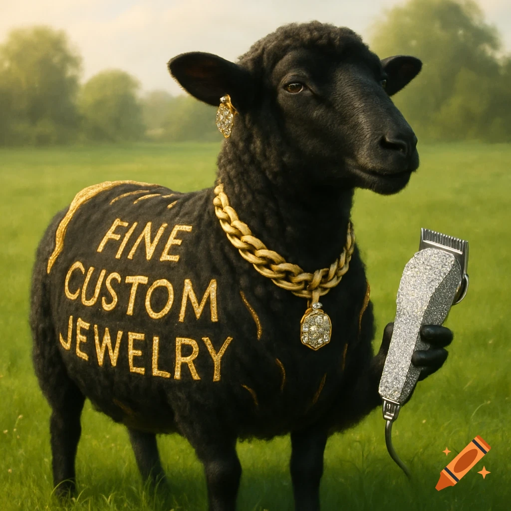 A black sheep in a grassy field, adorned with a gold chain, earring, and holding a diamond-encrusted hair clipper. The words "FINE CUSTOM JEWELRY" are cut into its wool.