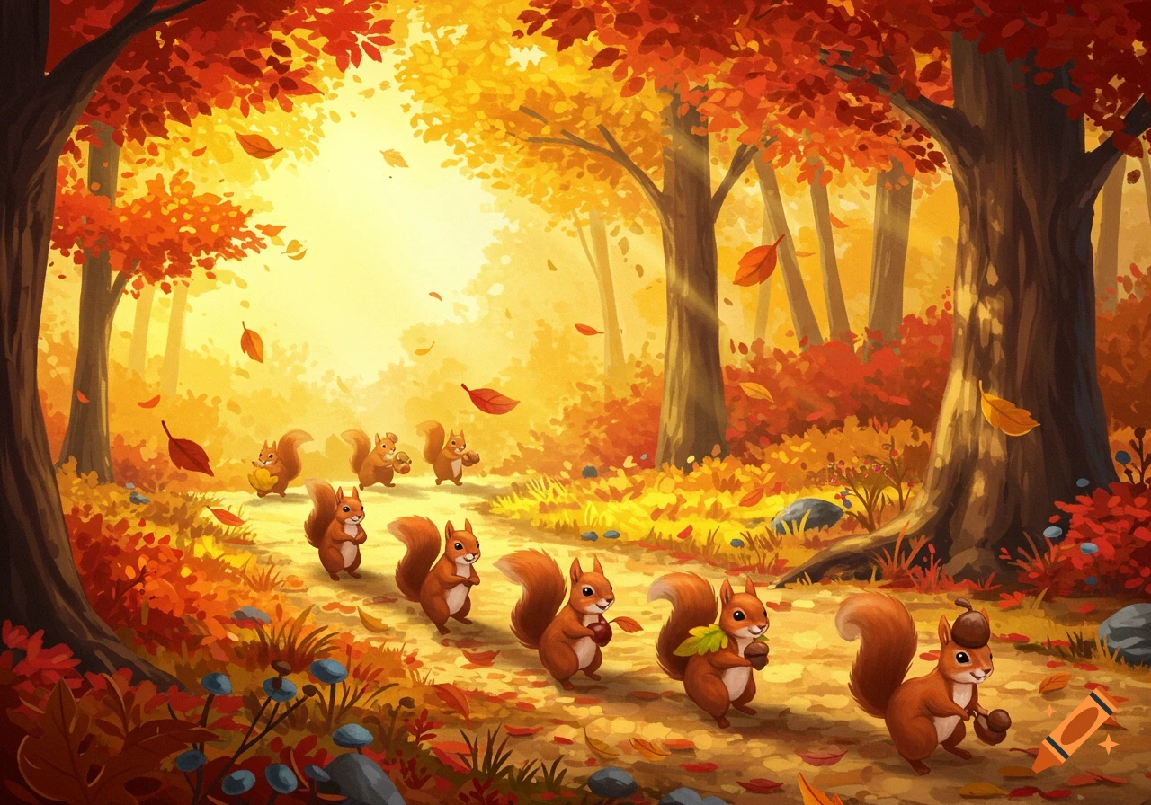 A line of cartoon squirrels marching through a vibrant autumn forest, carrying acorns and leaves under golden sunlight.