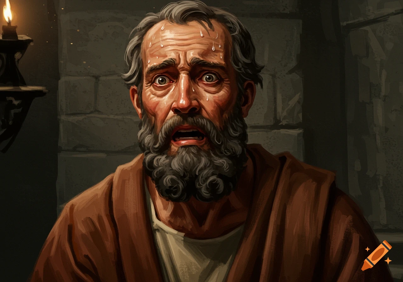 An illustration of a distraught, sweating man with a beard and gray hair, looking up with wide eyes in a dimly lit stone room, lit by a candle.