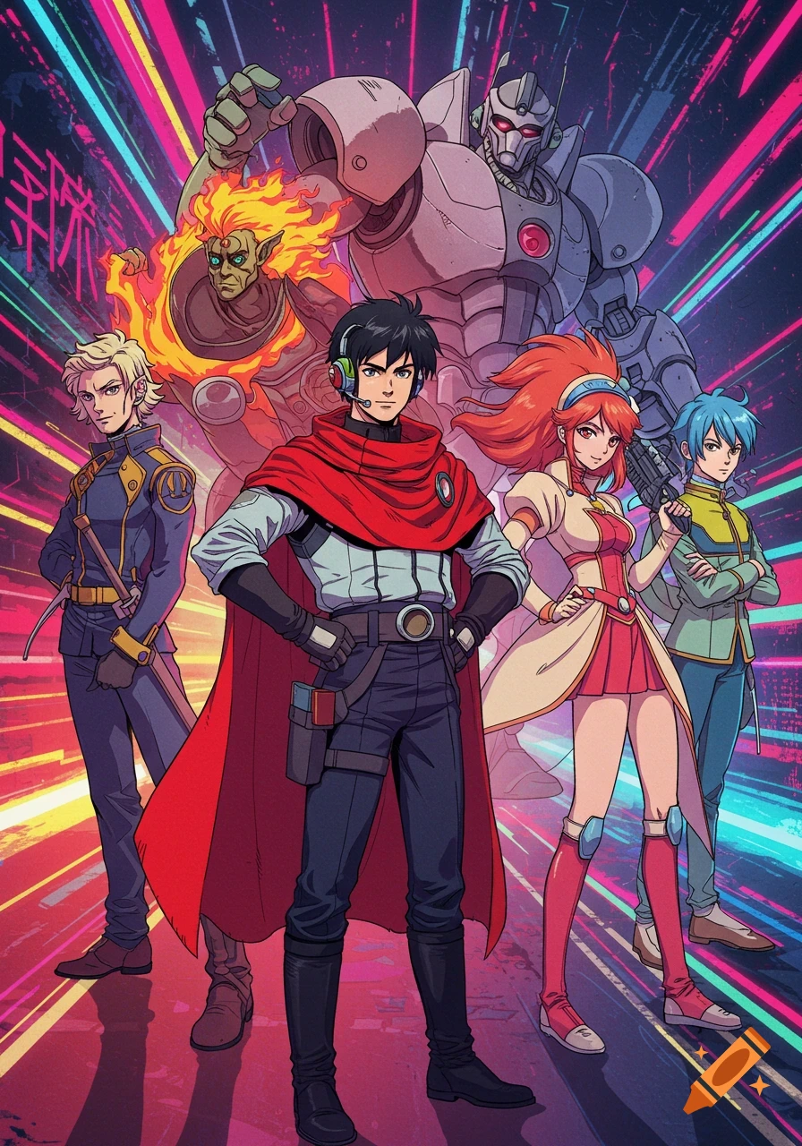 A retro 90s anime-style squad of five characters, including humans, a robot, and a fire creature, striking a dynamic pose against a neon background.