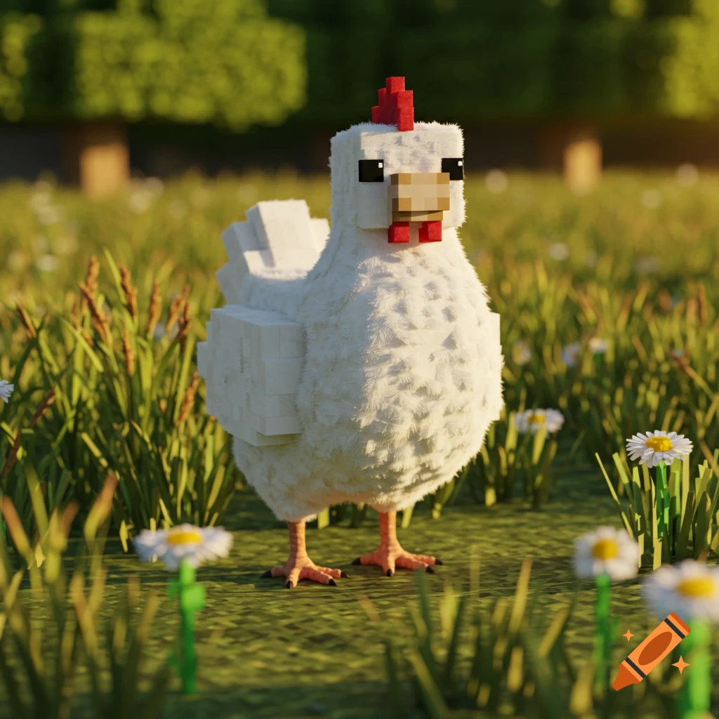 A fluffy, realistic Minecraft-style chicken stands in a sunny grassy field with daisies.