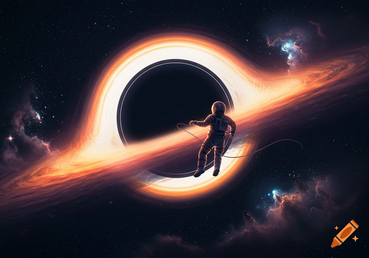 An astronaut with a tether floats towards a vibrant orange and red black hole in deep space, surrounded by stars and nebulae.