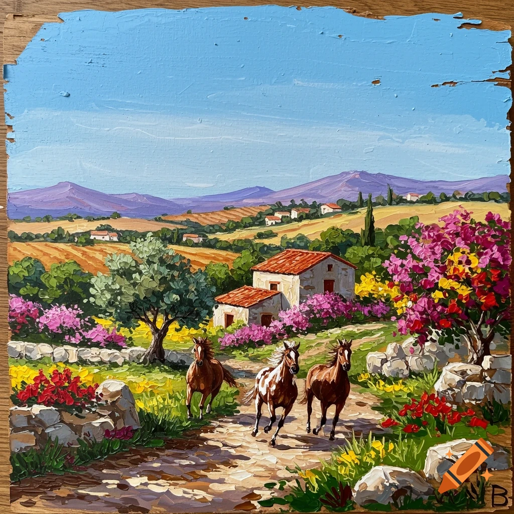Vibrant impasto painting of horses galloping on a dirt path through a Mediterranean countryside with colorful flowers, houses, and purple mountains.