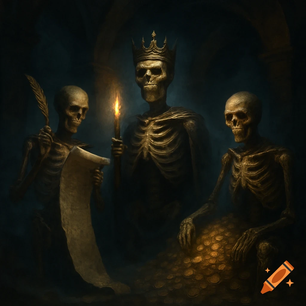 Three skeletons in a dark, painterly scene. One crowned, one with a quill and scroll, one on gold coins.