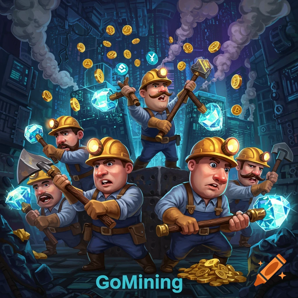 Cartoon miners in yellow hard hats dig for blue diamonds and gold coins in an industrial mine, with 'GoMining' text.