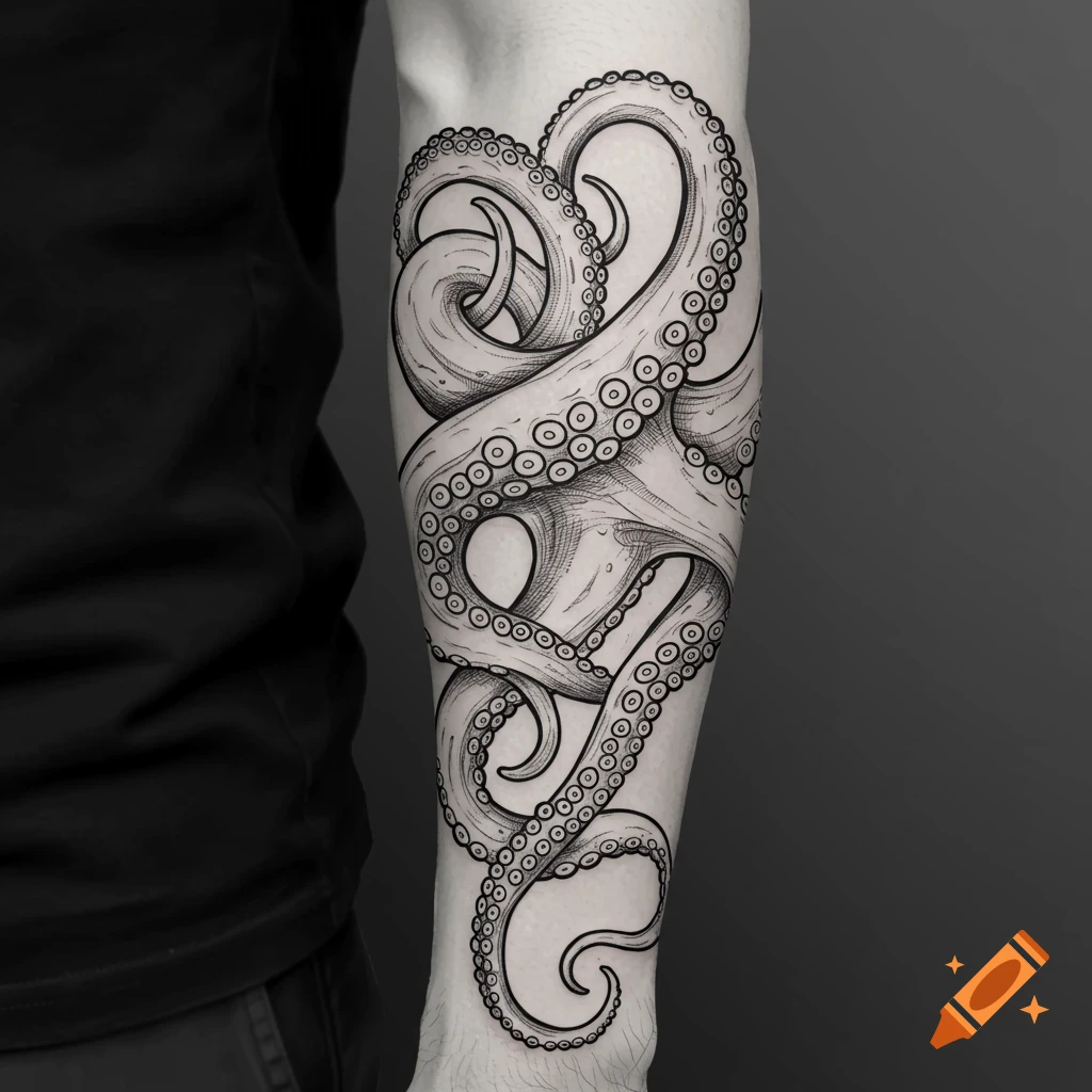 Black and white line art octopus tattoo wrapped around a person's forearm.