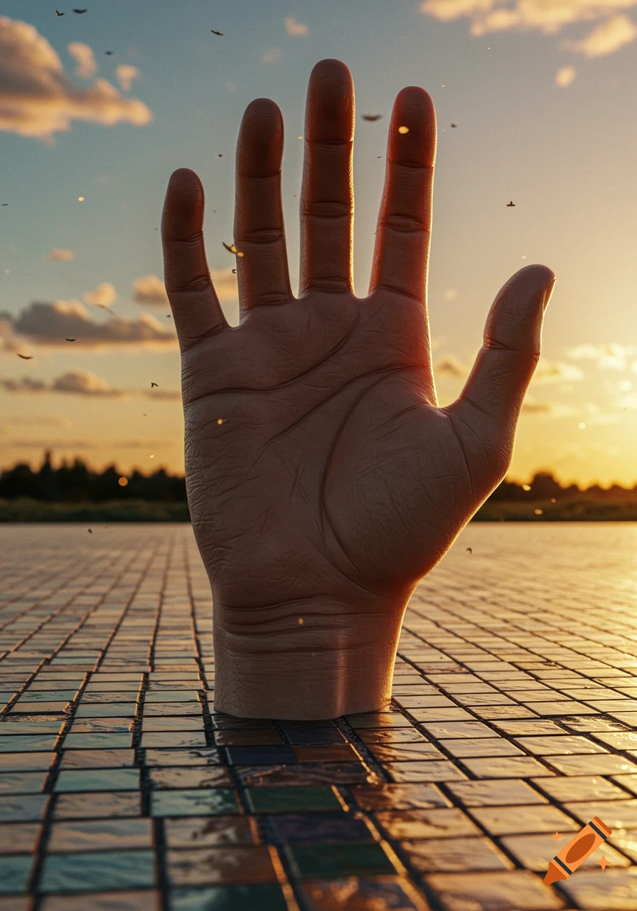 A giant human hand emerges from a tiled water surface at sunset, with birds flying in the orange-blue sky.