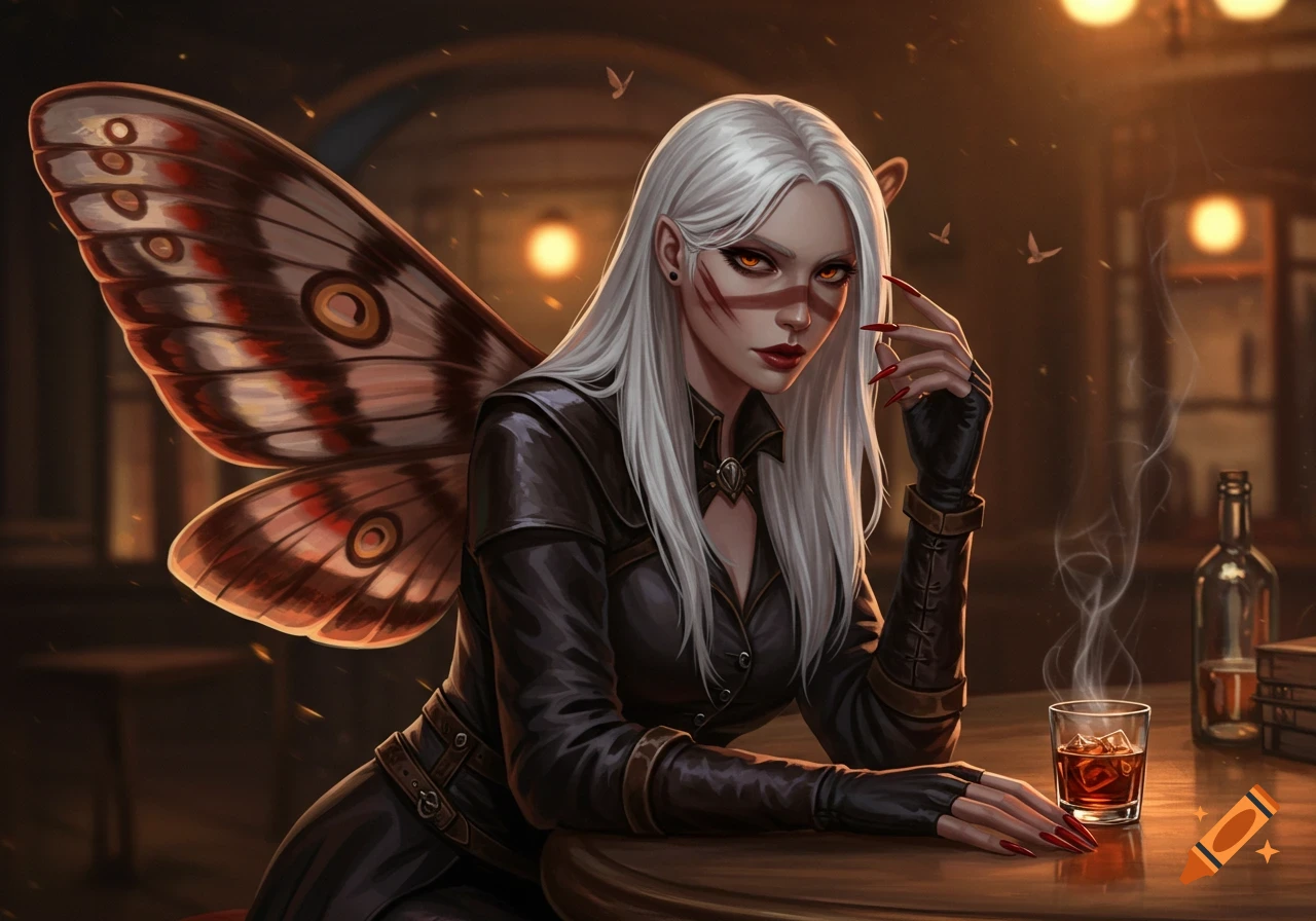 A white-haired female assassin with moth wings, red-painted face marks, and sharp red nails sits at a dim bar with a drink.