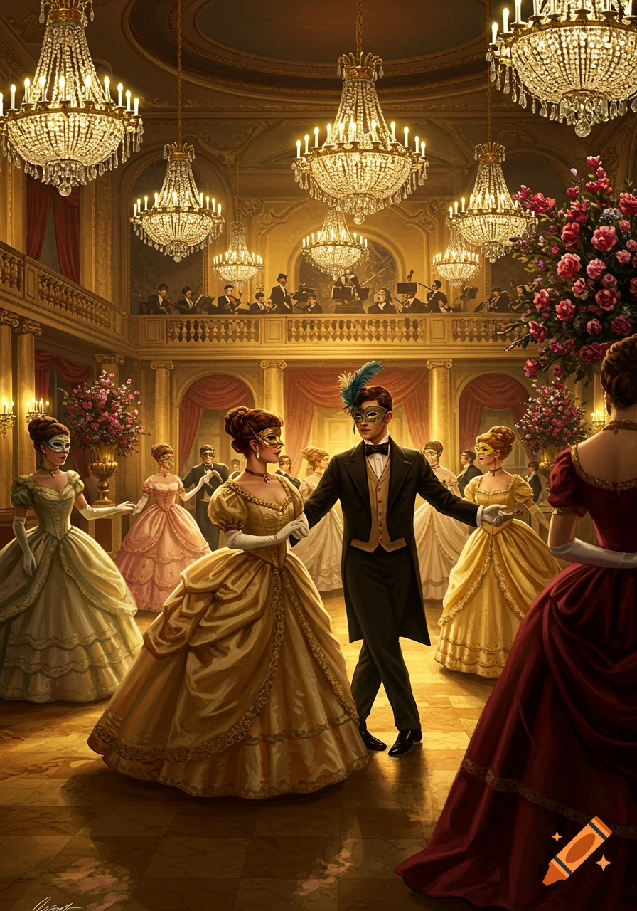 Elegant couples in period attire and masks dance in a grand, chandelier-lit ballroom with an orchestra playing on a balcony.