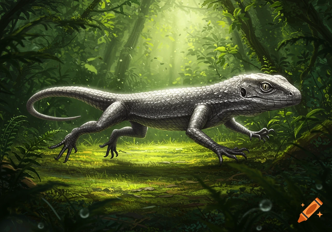 A grey-scaled lizard with bright eyes scurries through a vibrant, sunlit jungle in a detailed illustration.
