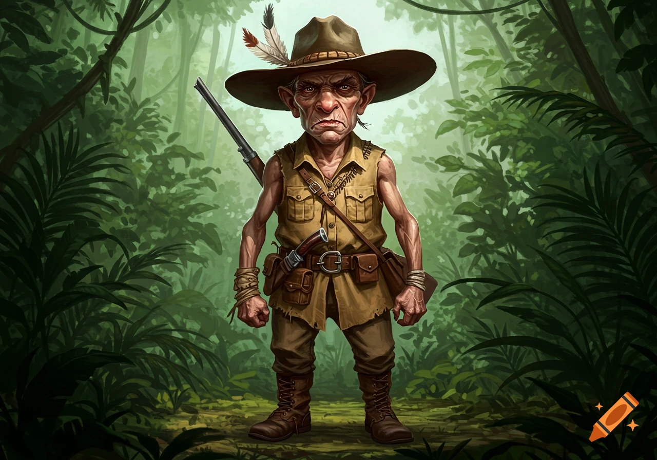 A short, gaunt, grumpy hunter in a wide-brimmed hat with feathers and a rifle stands in a lush jungle.